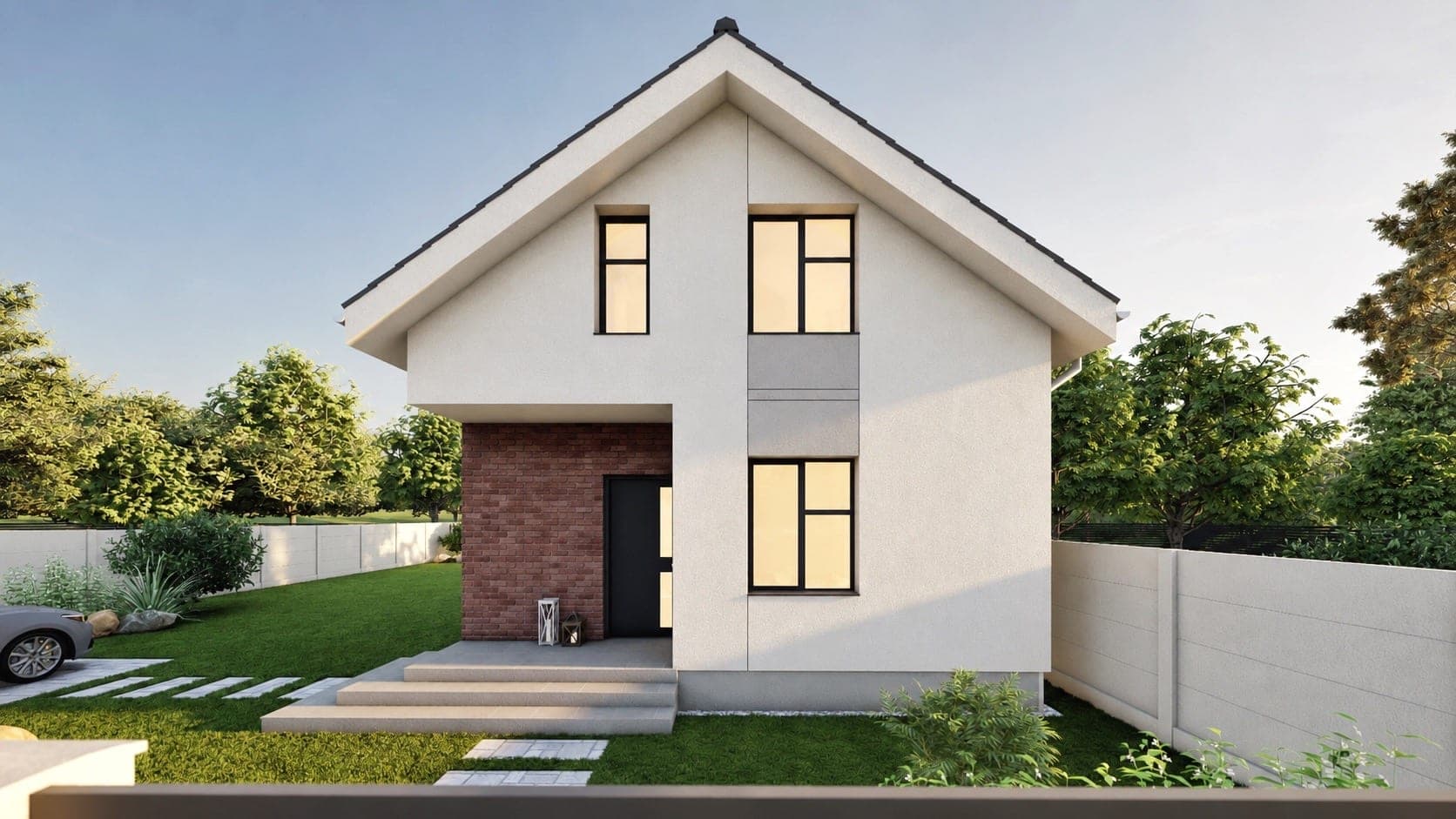 Randare a Casei ZA — locuință compactă cu acoperiș în pantă și accent de cărămidă — imaginea 2 din 6