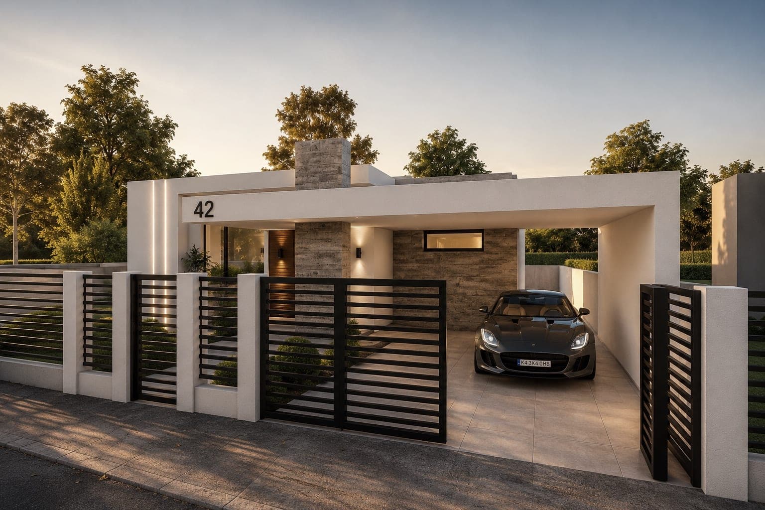 Randare a Casei S1H — locuință parter cu acoperiș plat, travertin și carport integrat