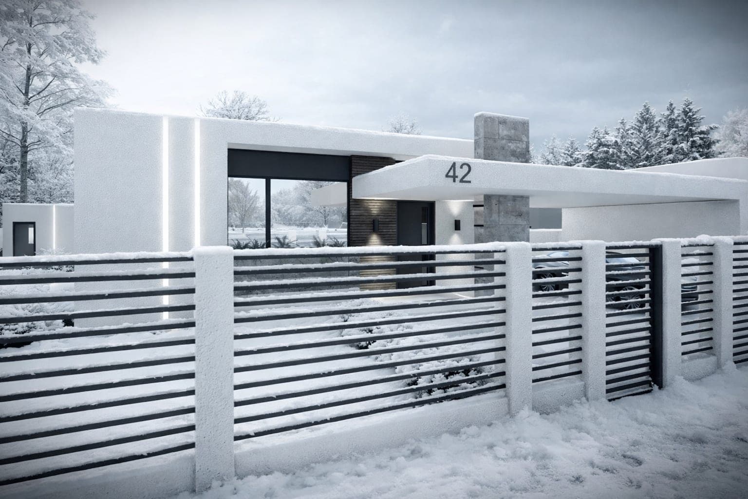 Randare a Casei S1H — locuință parter cu acoperiș plat, travertin și carport integrat — imaginea 5 din 6